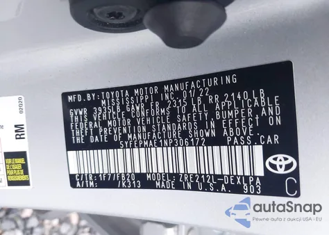 2022 Toyota Corolla Le from USA, damaged, VIN 5YFEPMAE1NP306172